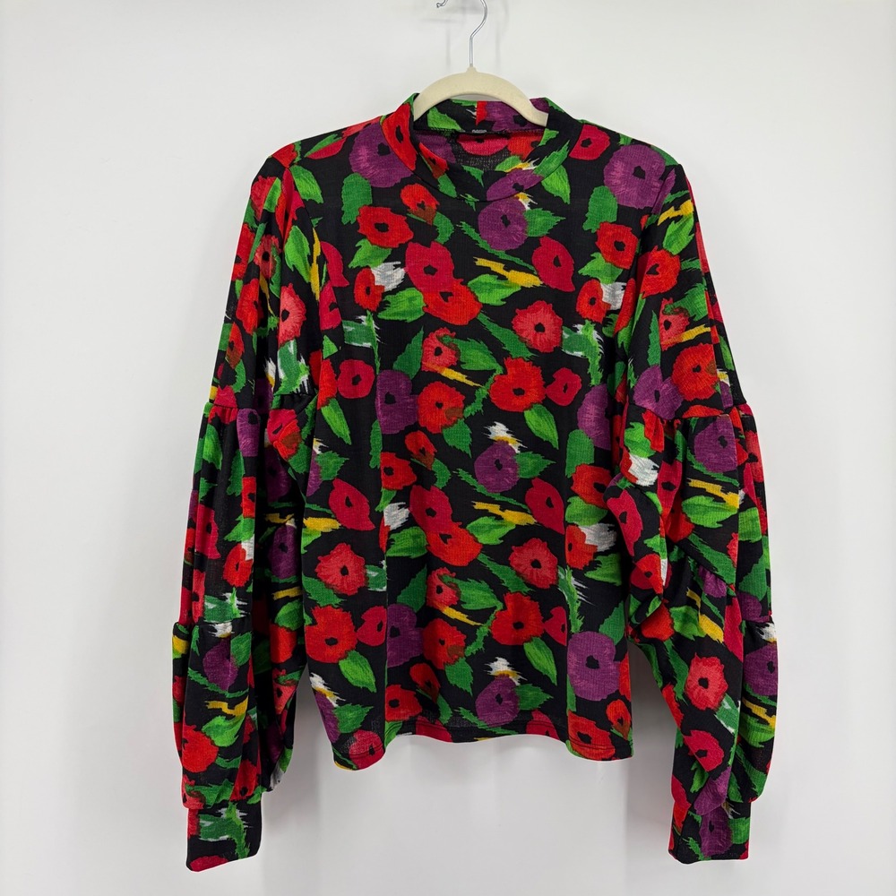 Zara Womens Medium Multicolor Floral Blouse Balloon Sleeve‎ Mock Neck Top